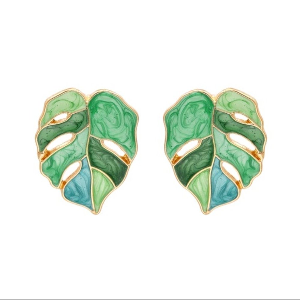 🪴NWT Stunning Banana Leaf Painted Stacked Earring - Picture 4 of 5